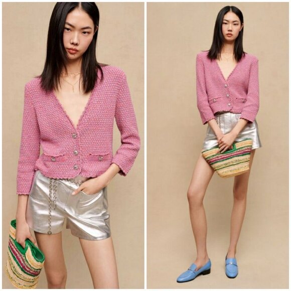 💕MAJE💕 Tweed Effect Knit Cardigan ~ Pink Size FR 1 = US Small NWOT - Picture 1 of 16